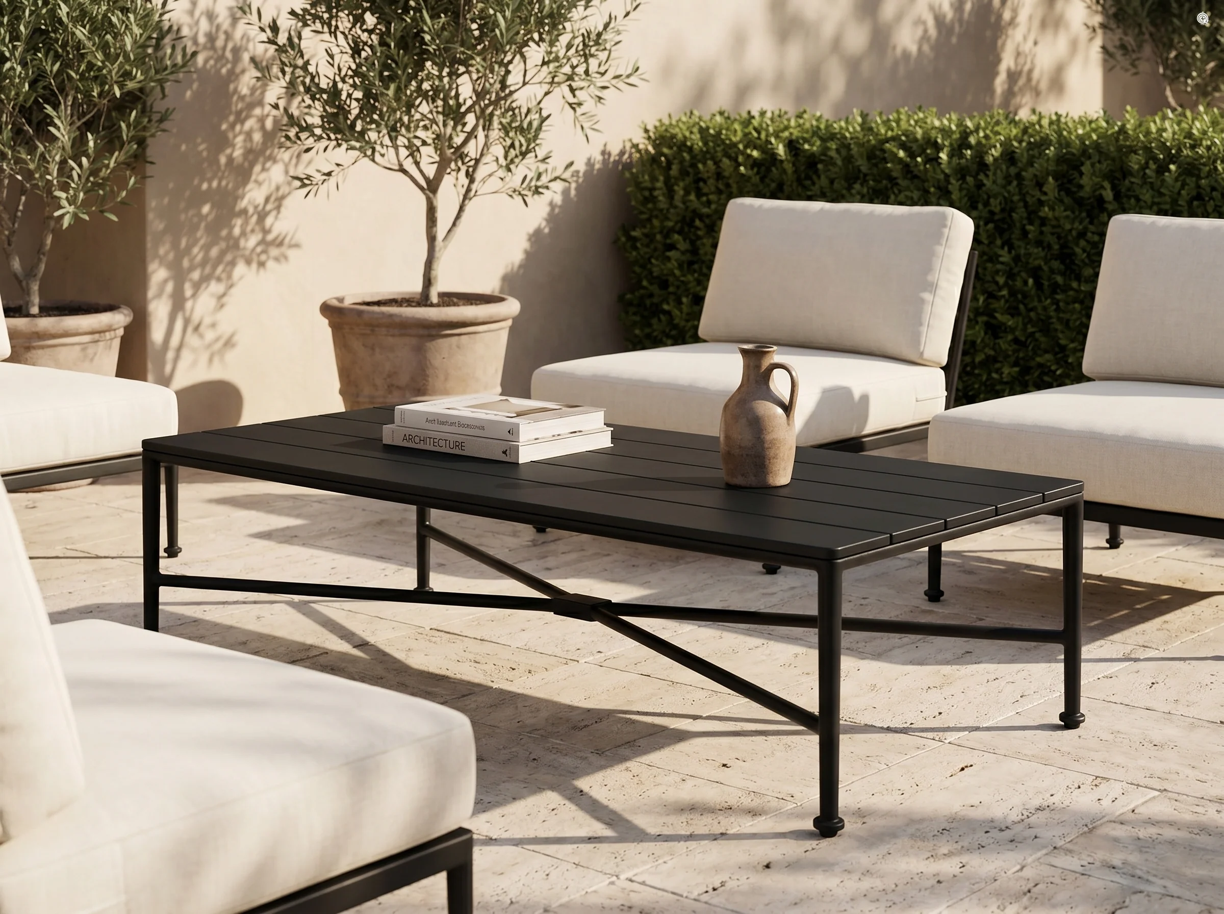 Borrego Outdoor Coffee Table in Matte Black, In situ