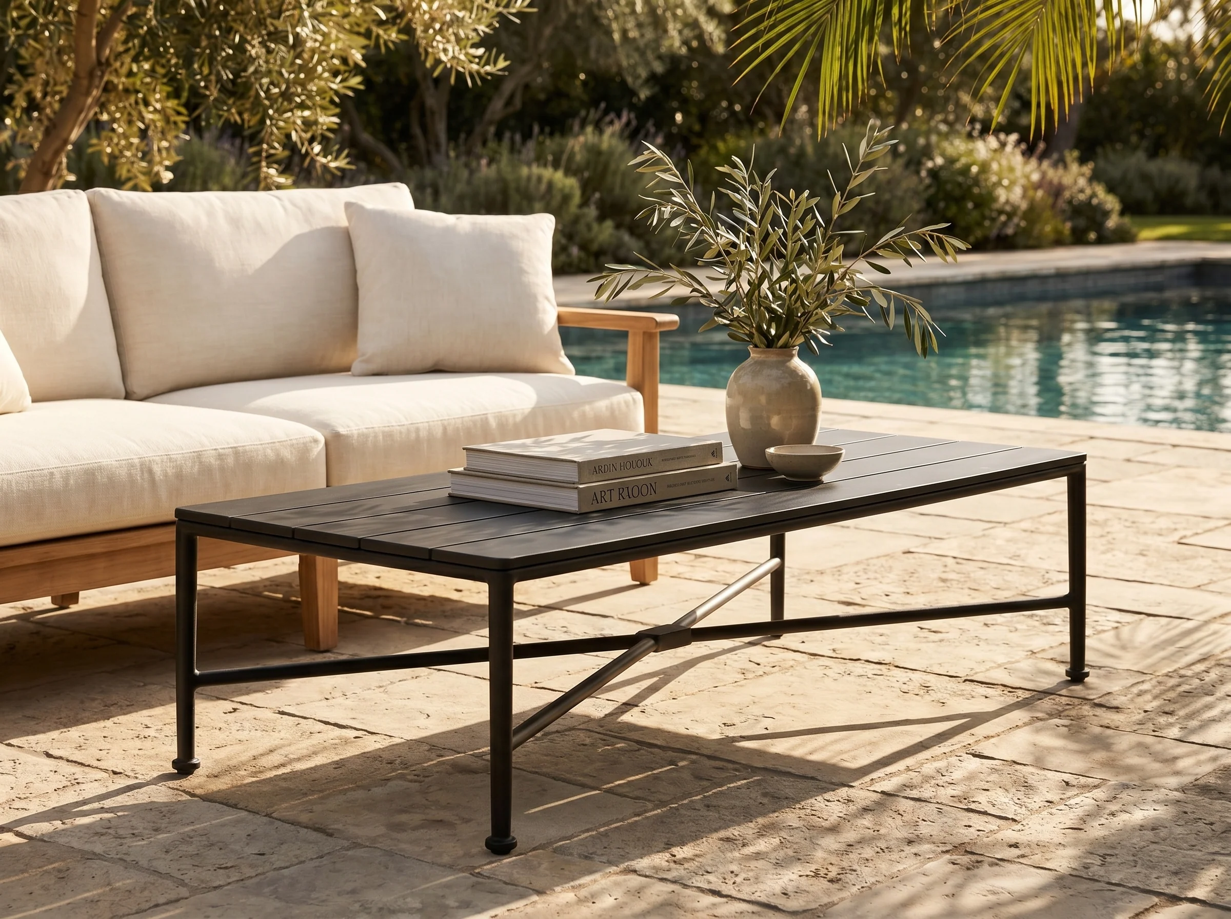 Borrego Outdoor Coffee Table in Matte Black, Styled
