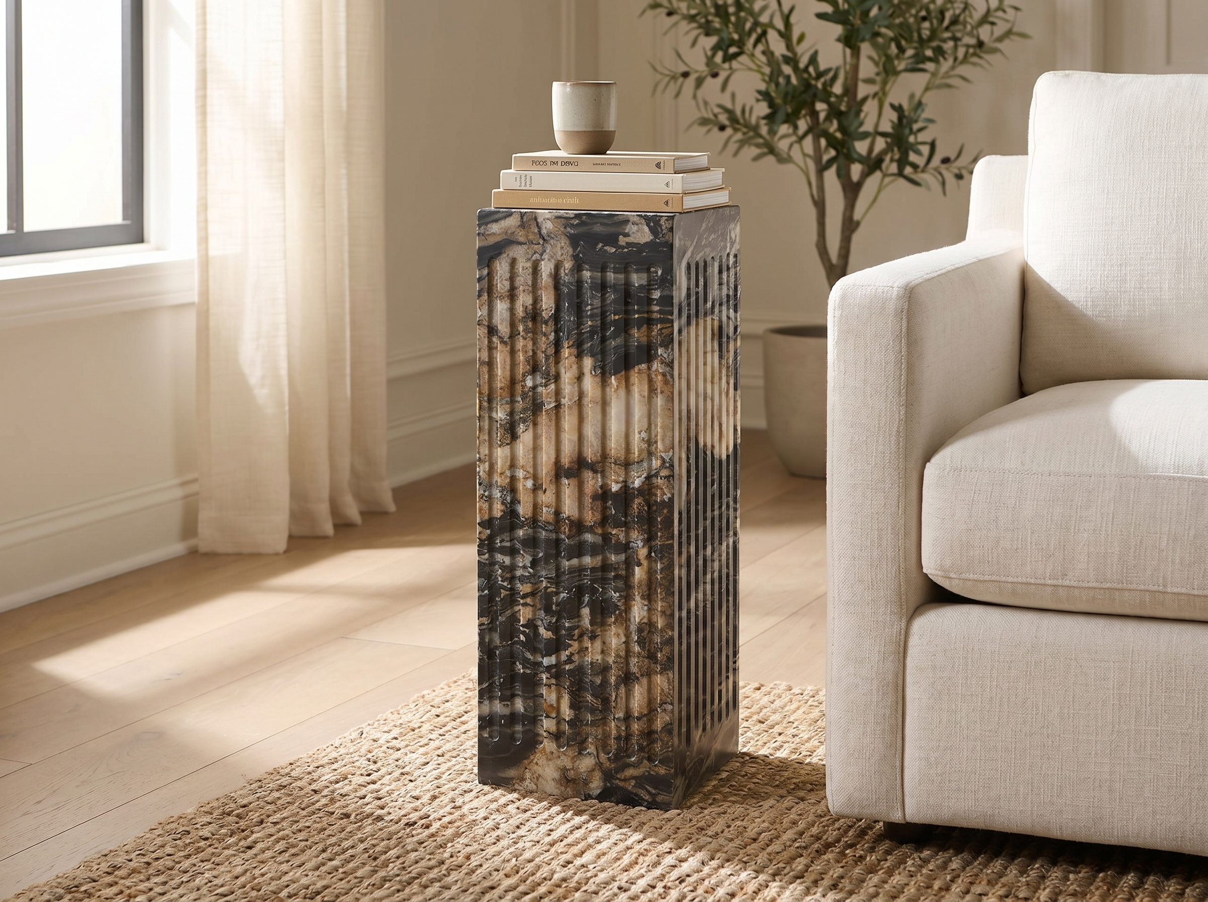 Coronado Fluted Marble Side Table in Black Forest Marble — In situ