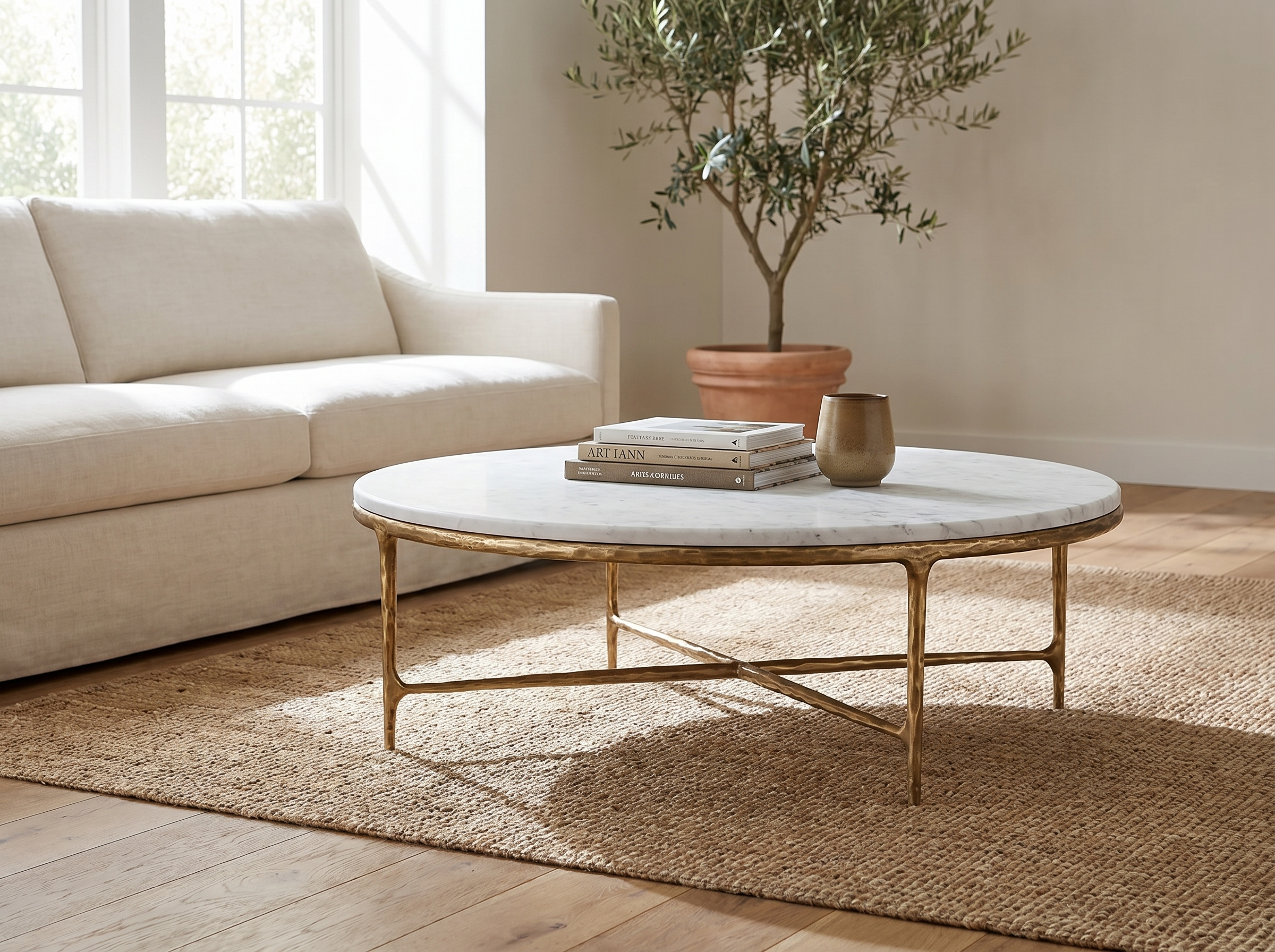 Cortez Round Forged Marble Coffee Table in Forged Brass — In situ