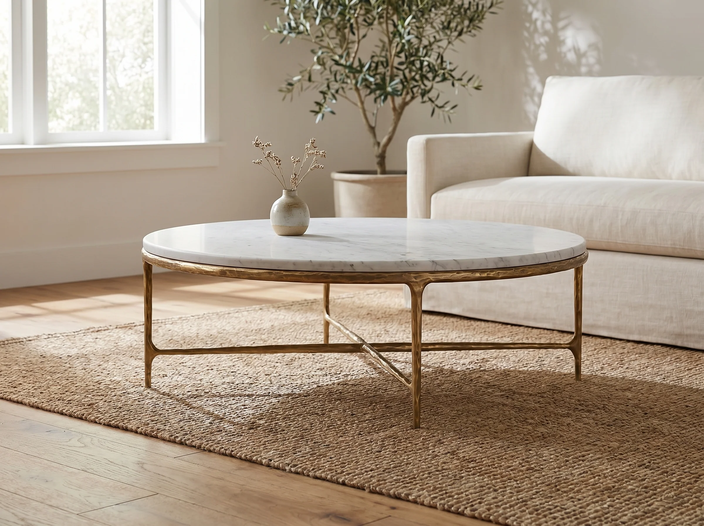Cortez Round Forged Marble Coffee Table in Forged Brass, In situ