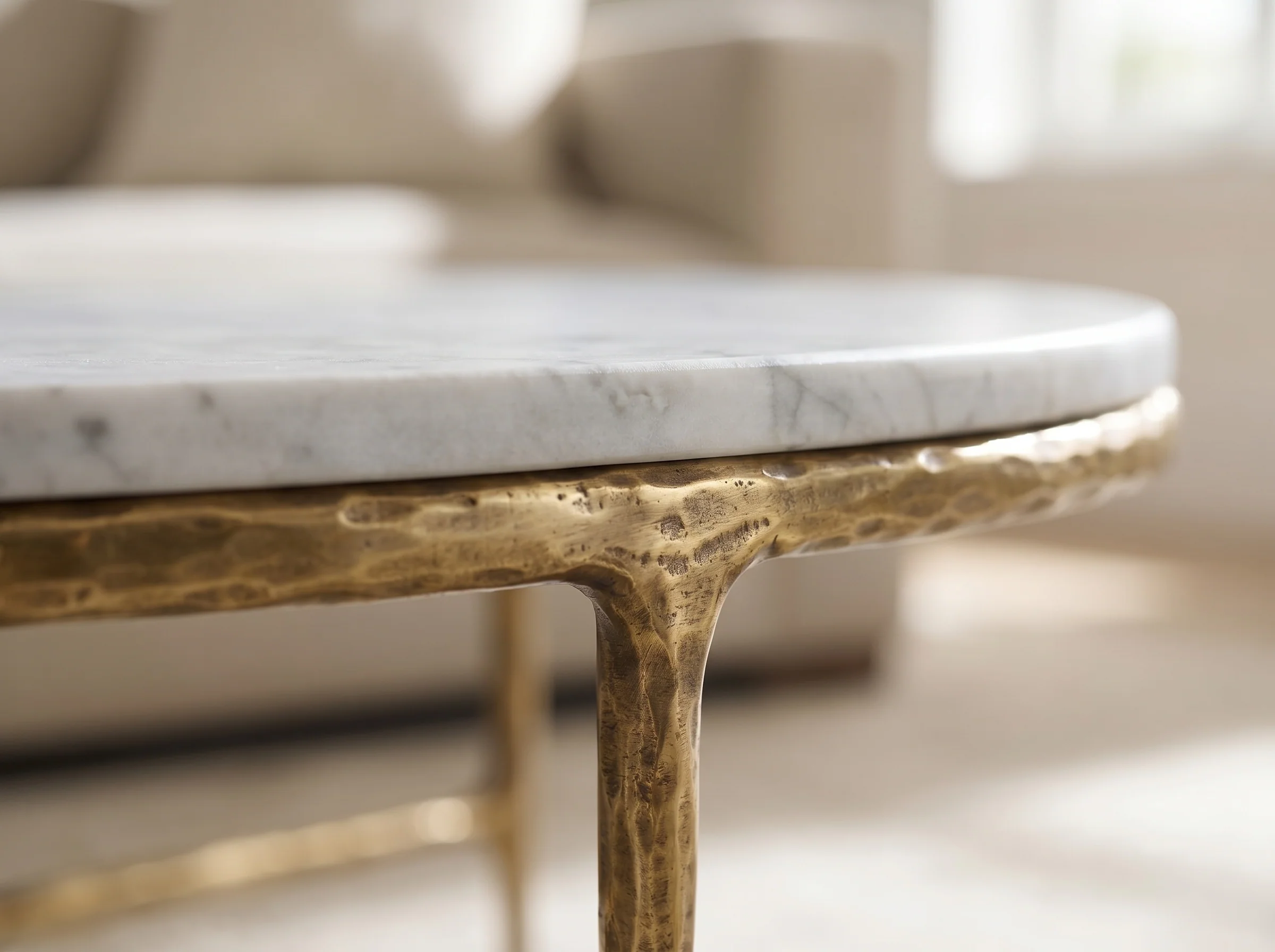 Cortez Round Forged Marble Coffee Table in Forged Brass, Detail
