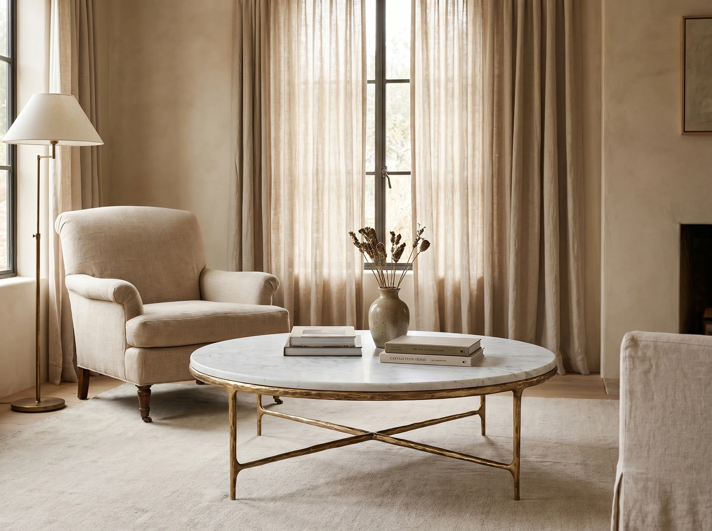 Cortez Round Forged Marble Coffee Table in Forged Brass, Styled