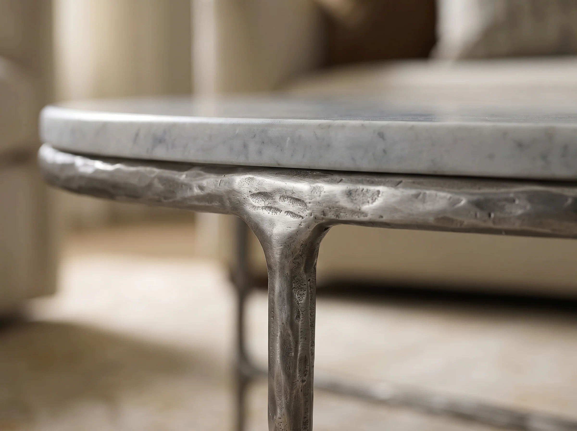 Cortez Round Forged Marble Coffee Table in Raw Stainless, Detail