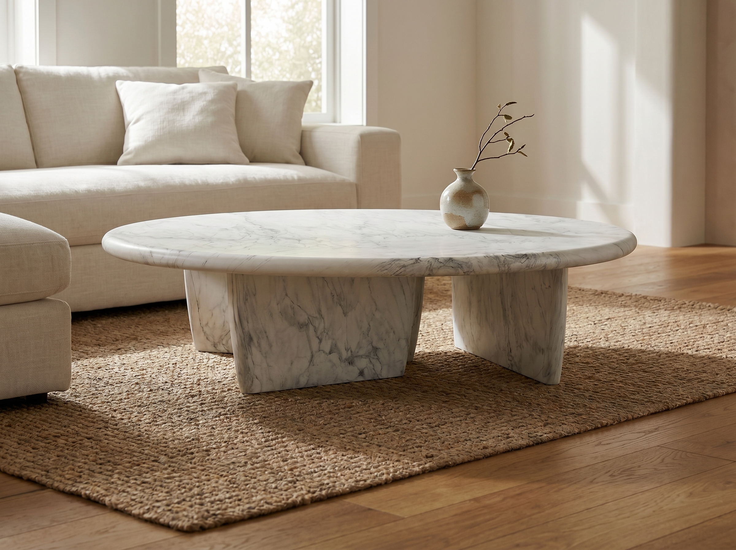 Del Mar Cast Coffee Table in White Marbled, Styled