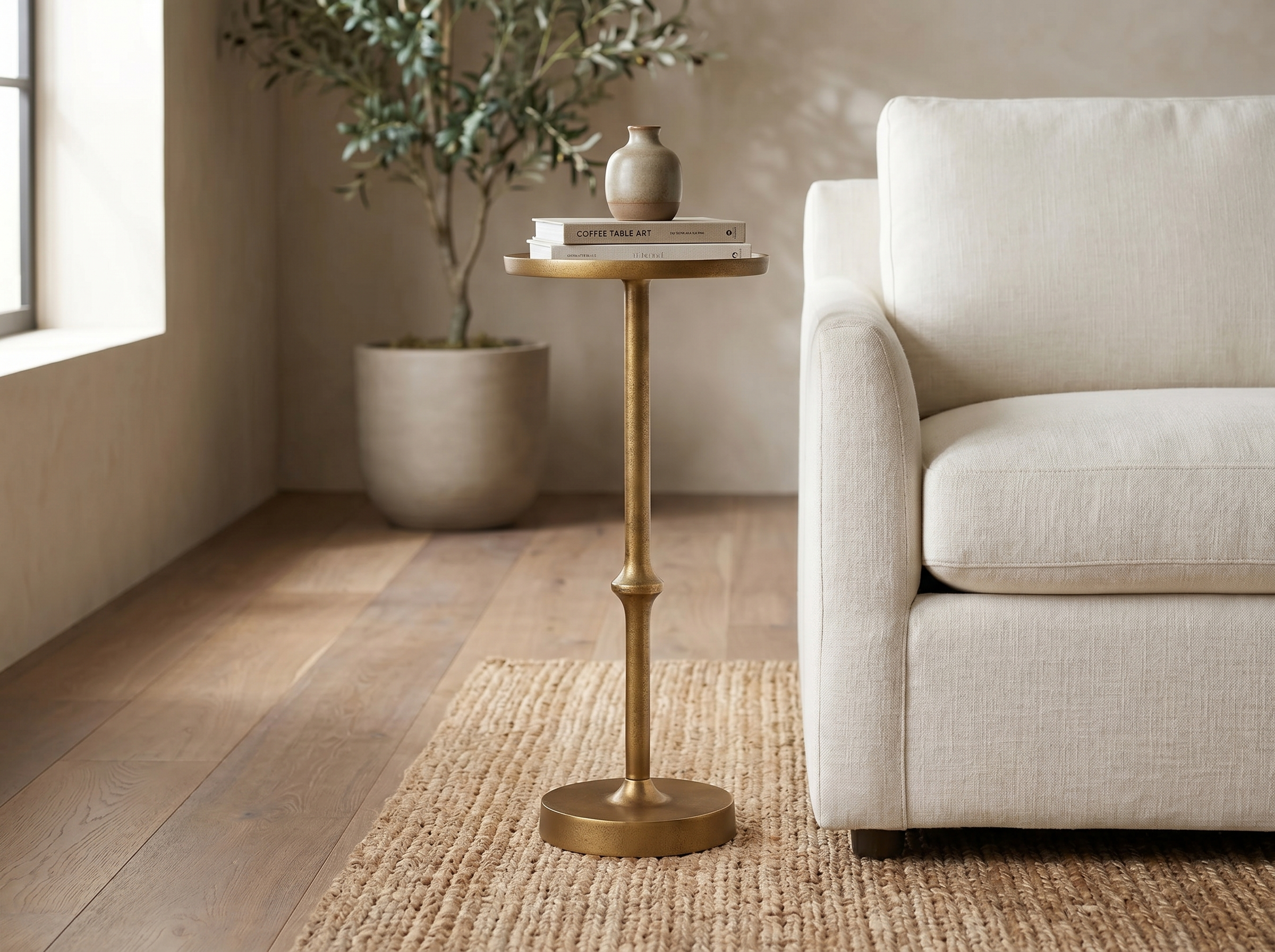 Encinitas Pedestal Side Table in Antique Brass — In situ