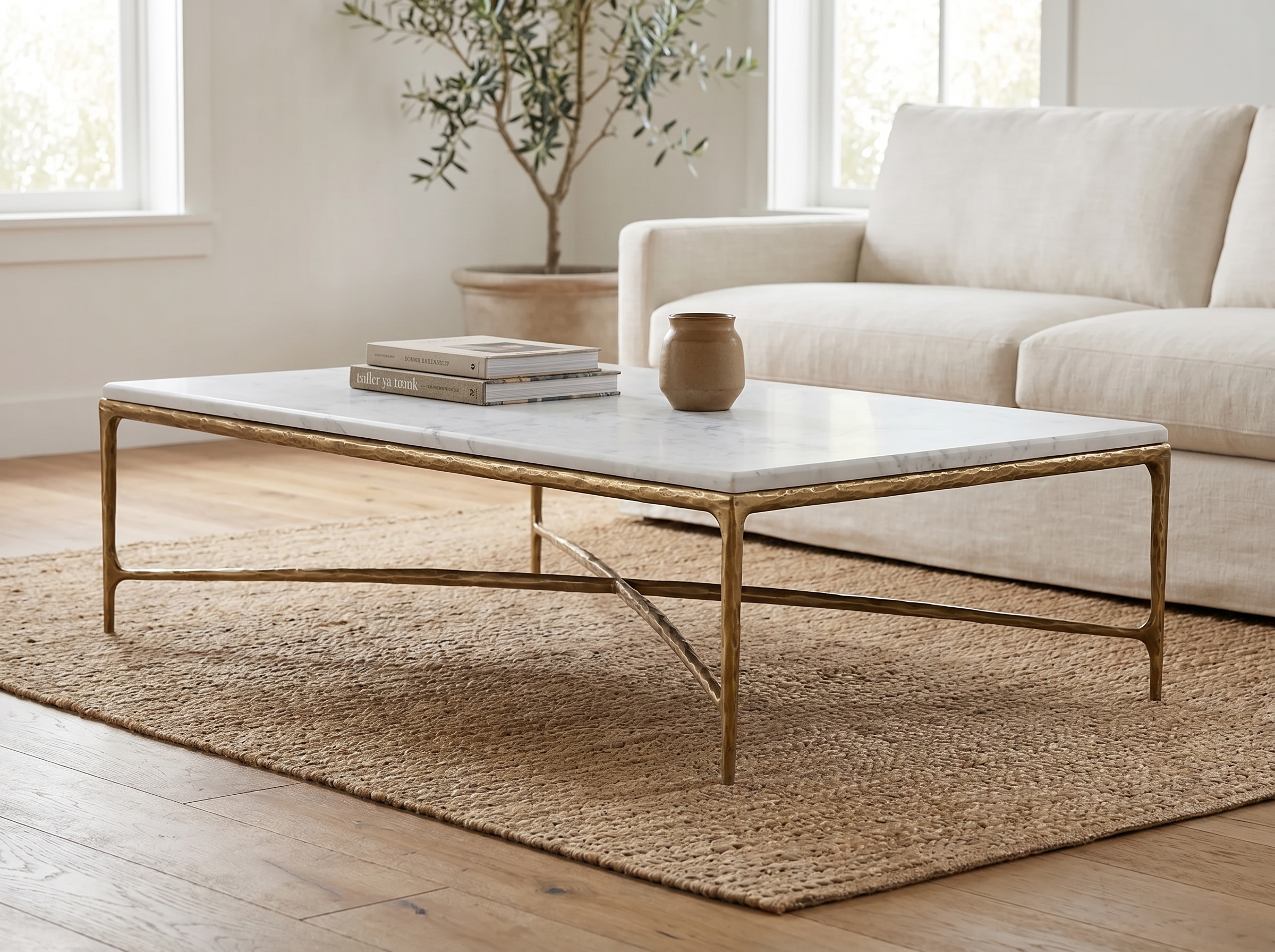 Otay Forged Marble Coffee Table in Forged Brass — In situ