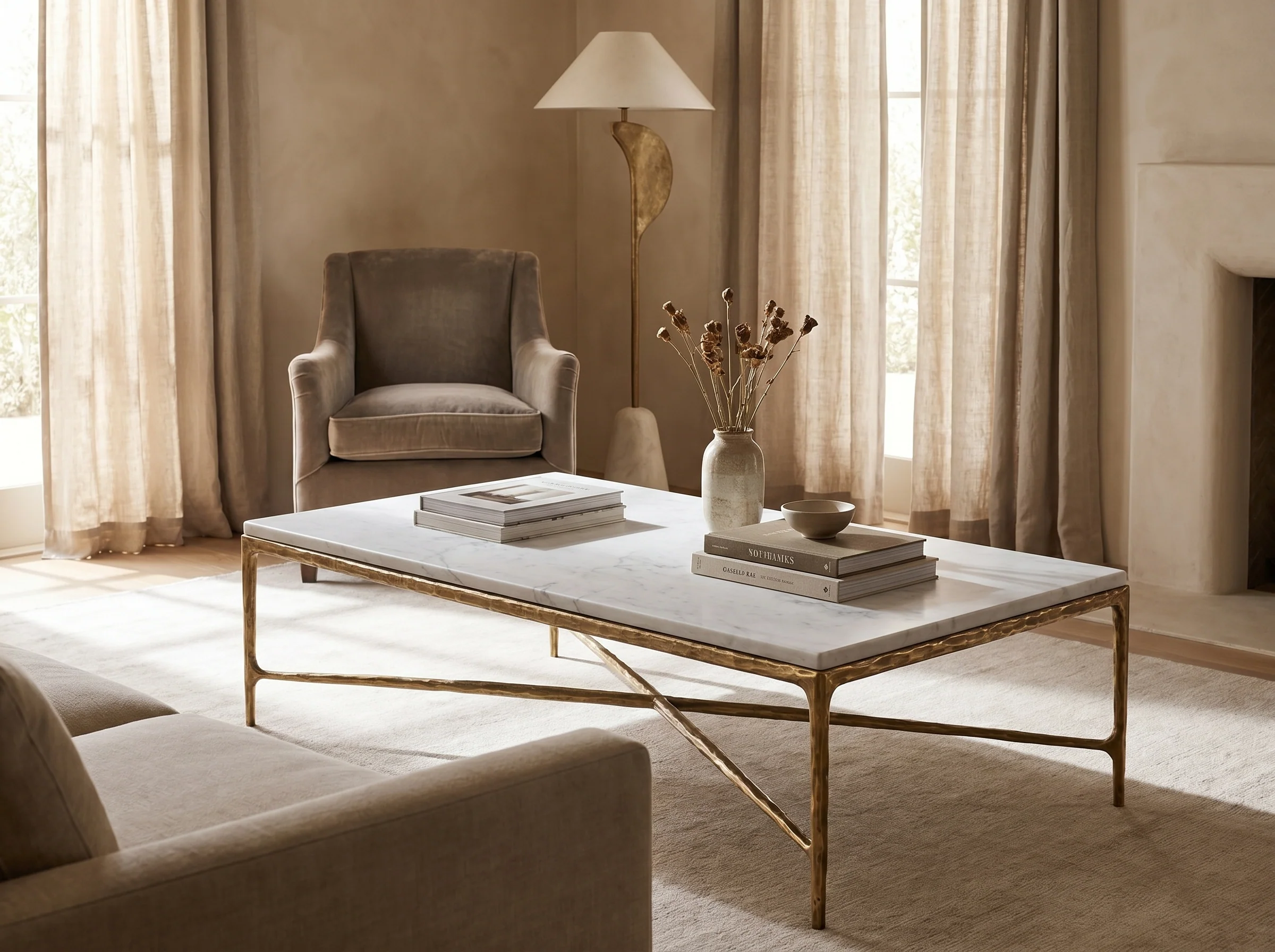 Otay Forged Marble Coffee Table in Forged Brass, Styled