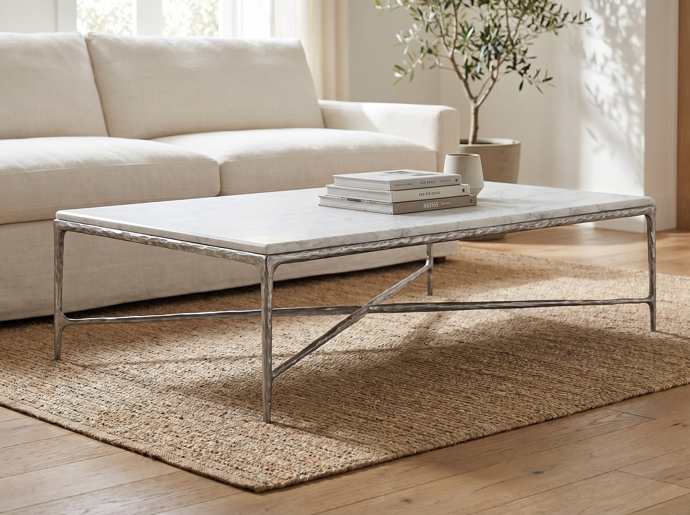 Otay Forged Marble Coffee Table in Raw Stainless — In situ