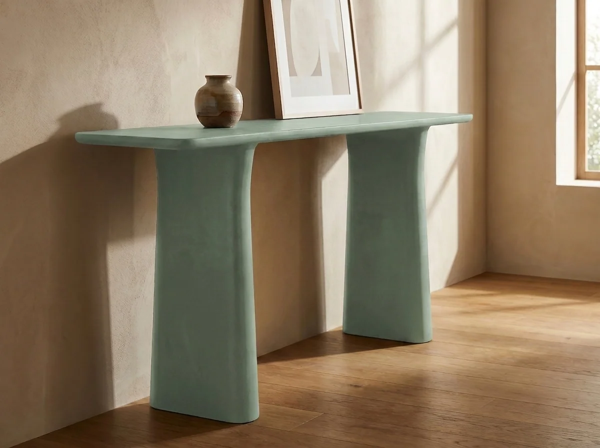 Solana Concrete Console Table in Sage Cement, Styled
