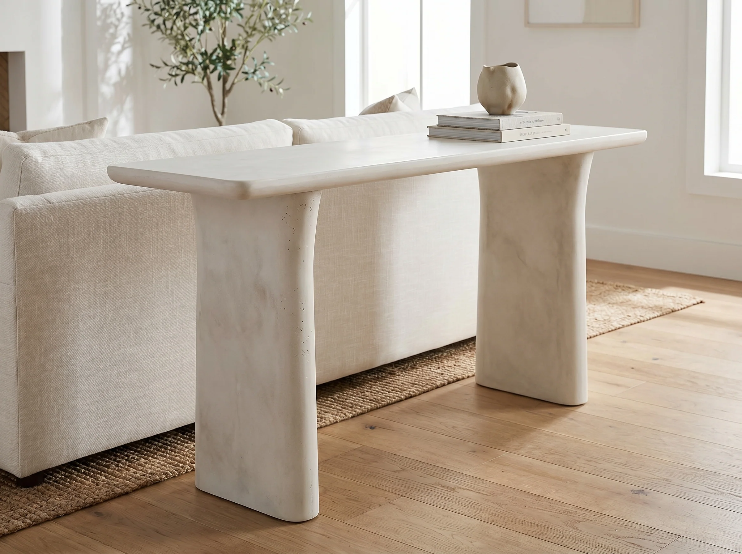 Solana Concrete Console Table in White Concrete, In situ