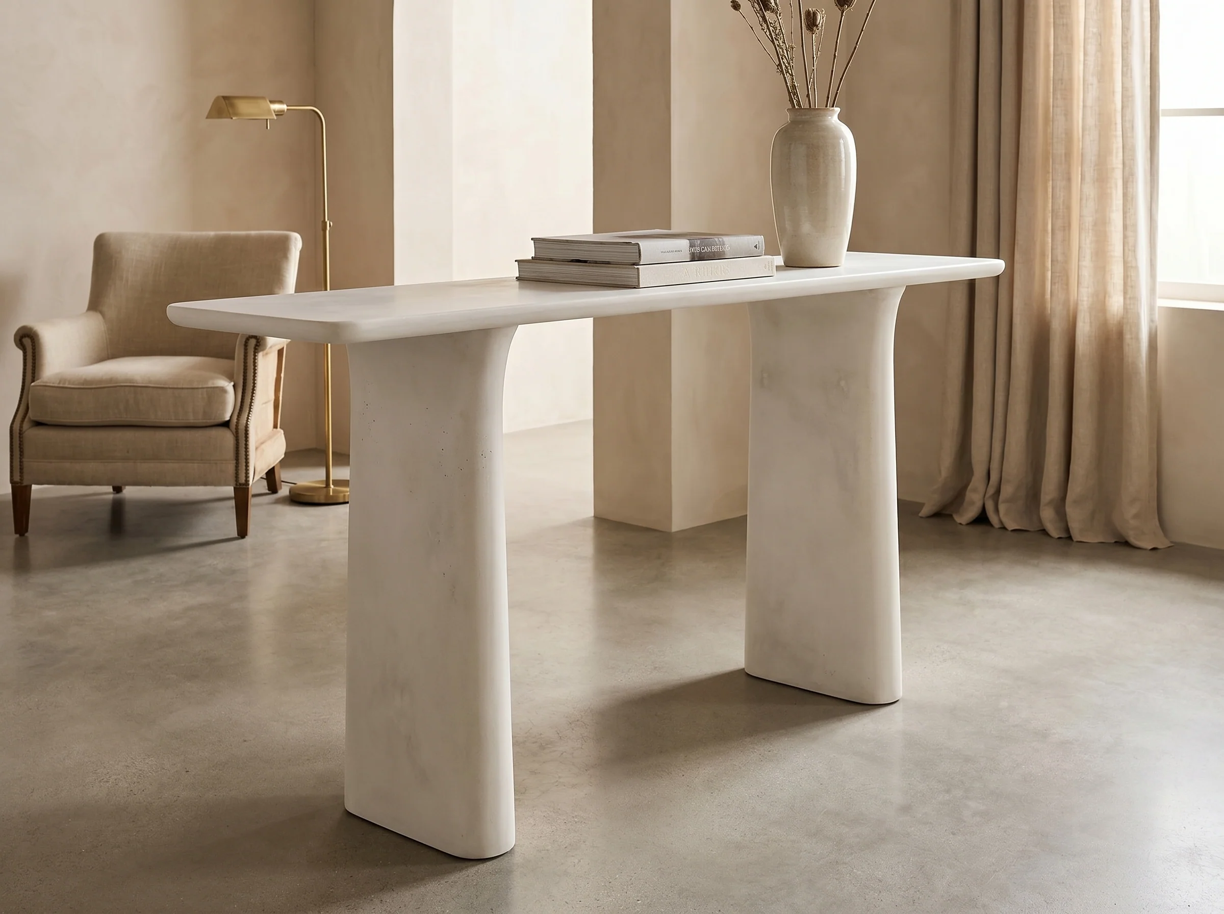 Solana Concrete Console Table in White Concrete, Styled